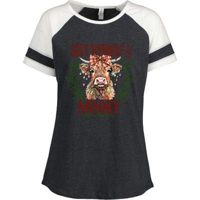 Have Yourself A Mooey Little Christmas Highland Cow Enza Ladies Jersey Colorblock Tee