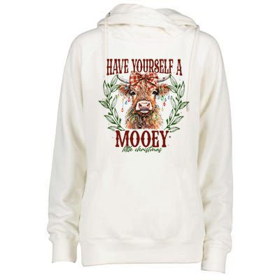 Have Yourself A Mooey Little Christmas Highland Cow Womens Funnel Neck Pullover Hood