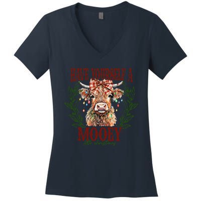 Have Yourself A Mooey Little Christmas Highland Cow Women's V-Neck T-Shirt