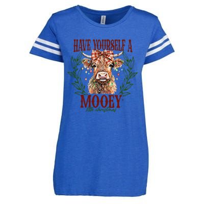 Have Yourself A Mooey Little Christmas Highland Cow Enza Ladies Jersey Football T-Shirt