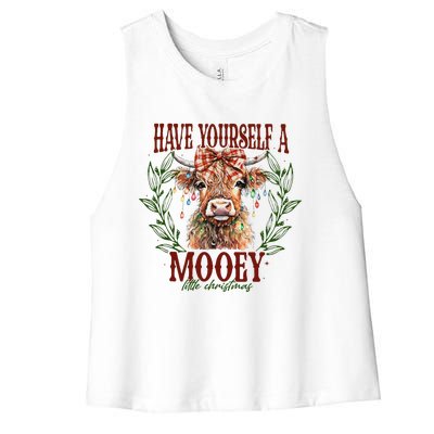 Have Yourself A Mooey Little Christmas Highland Cow Women's Racerback Cropped Tank