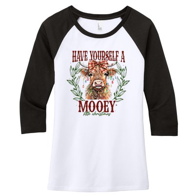 Have Yourself A Mooey Little Christmas Highland Cow Women's Tri-Blend 3/4-Sleeve Raglan Shirt