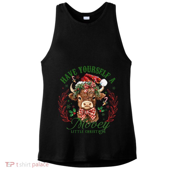Have Yourself A Mooey Little Christmas Highland Cow Santa Gift Ladies PosiCharge Tri-Blend Wicking Tank