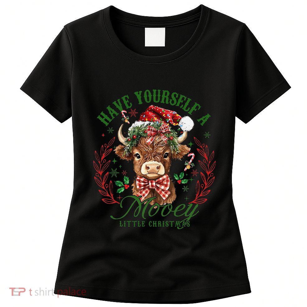 Have Yourself A Mooey Little Christmas Highland Cow Santa Gift Womens T-Shirt