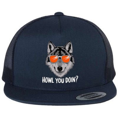 Howl You Doin Wolf With Sunglasses Flat Bill Trucker Hat