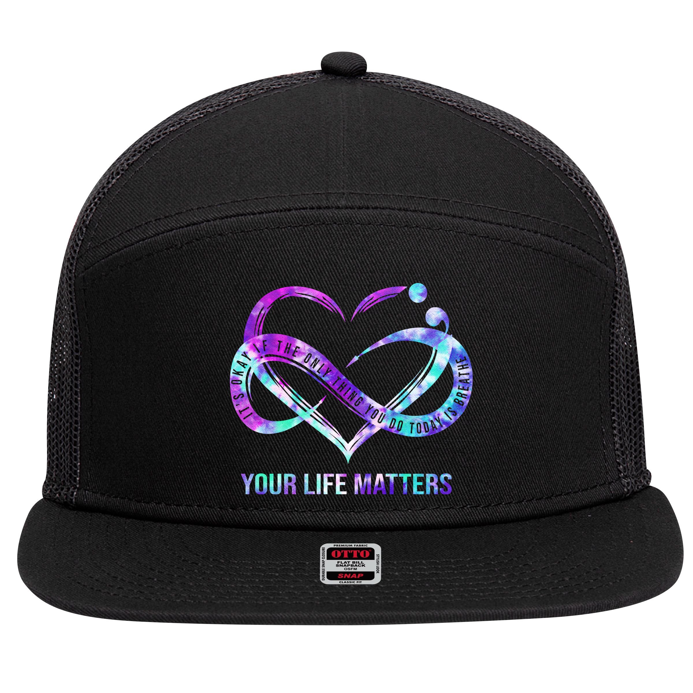 Heart Your Life Matters Suicide Prevention Awareness 7 Panel Mesh Trucker Snapback Hat