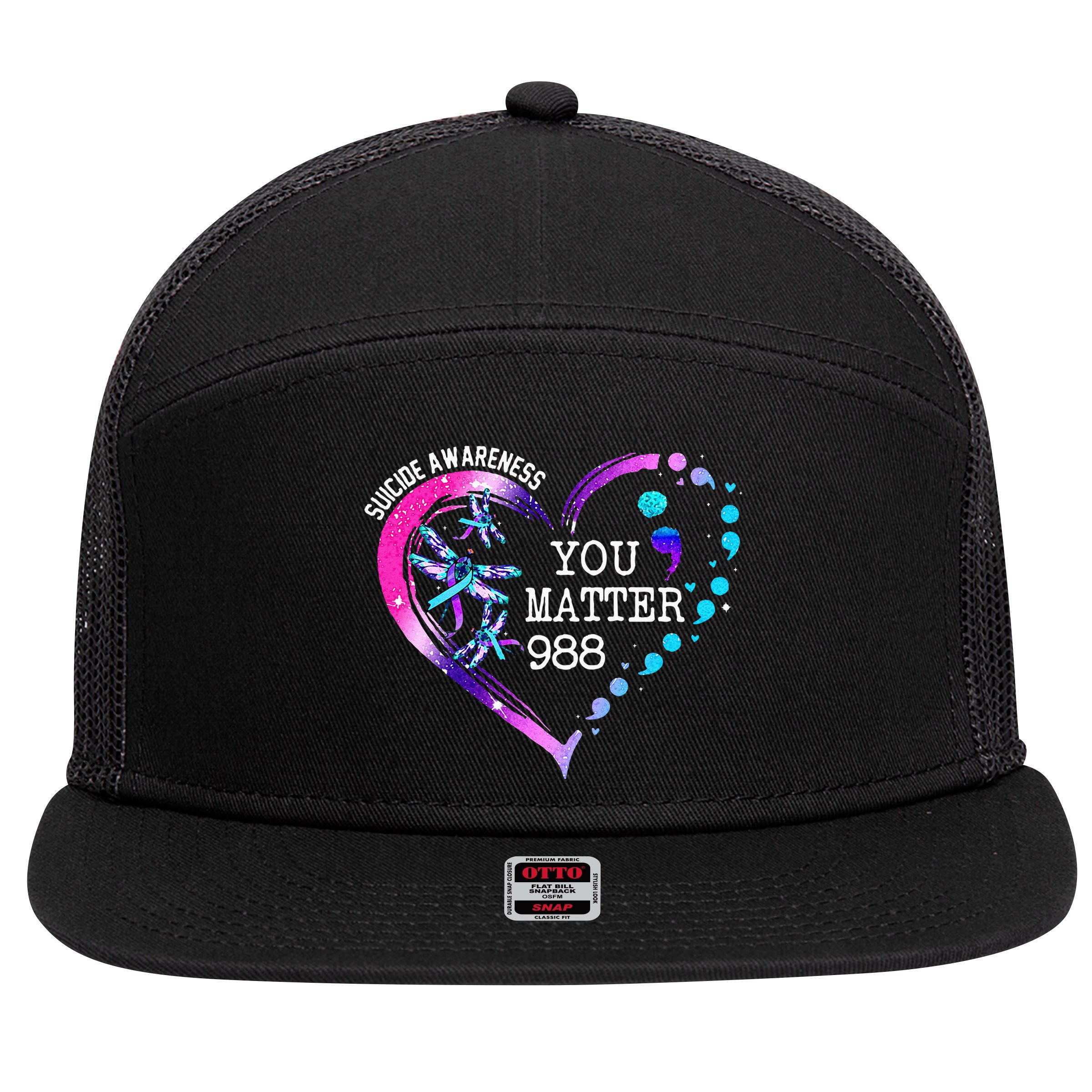 Heart You Matter 988 Suicide Prevention Awareness Dragonfly 7 Panel Mesh Trucker Snapback Hat