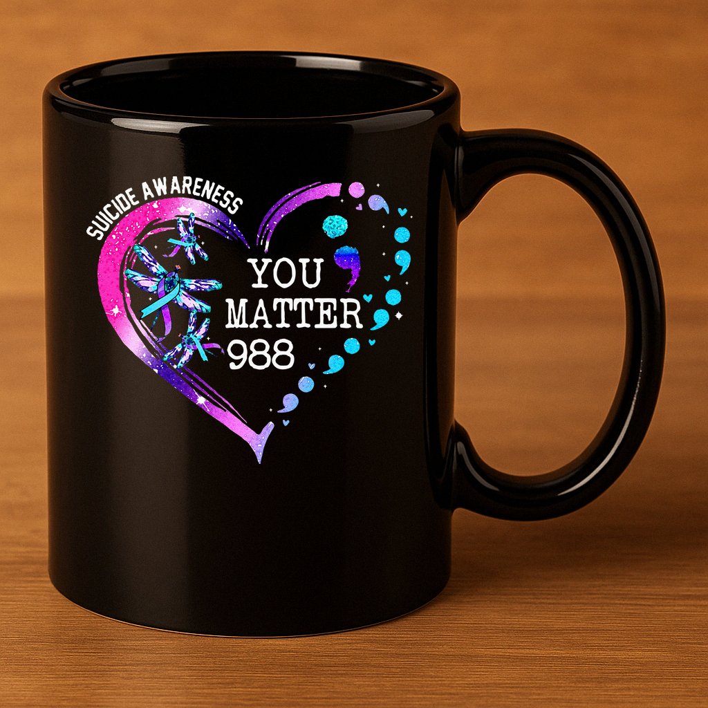 Heart You Matter 988 Suicide Prevention Awareness Dragonfly 11oz C Handle Ceramic Mug