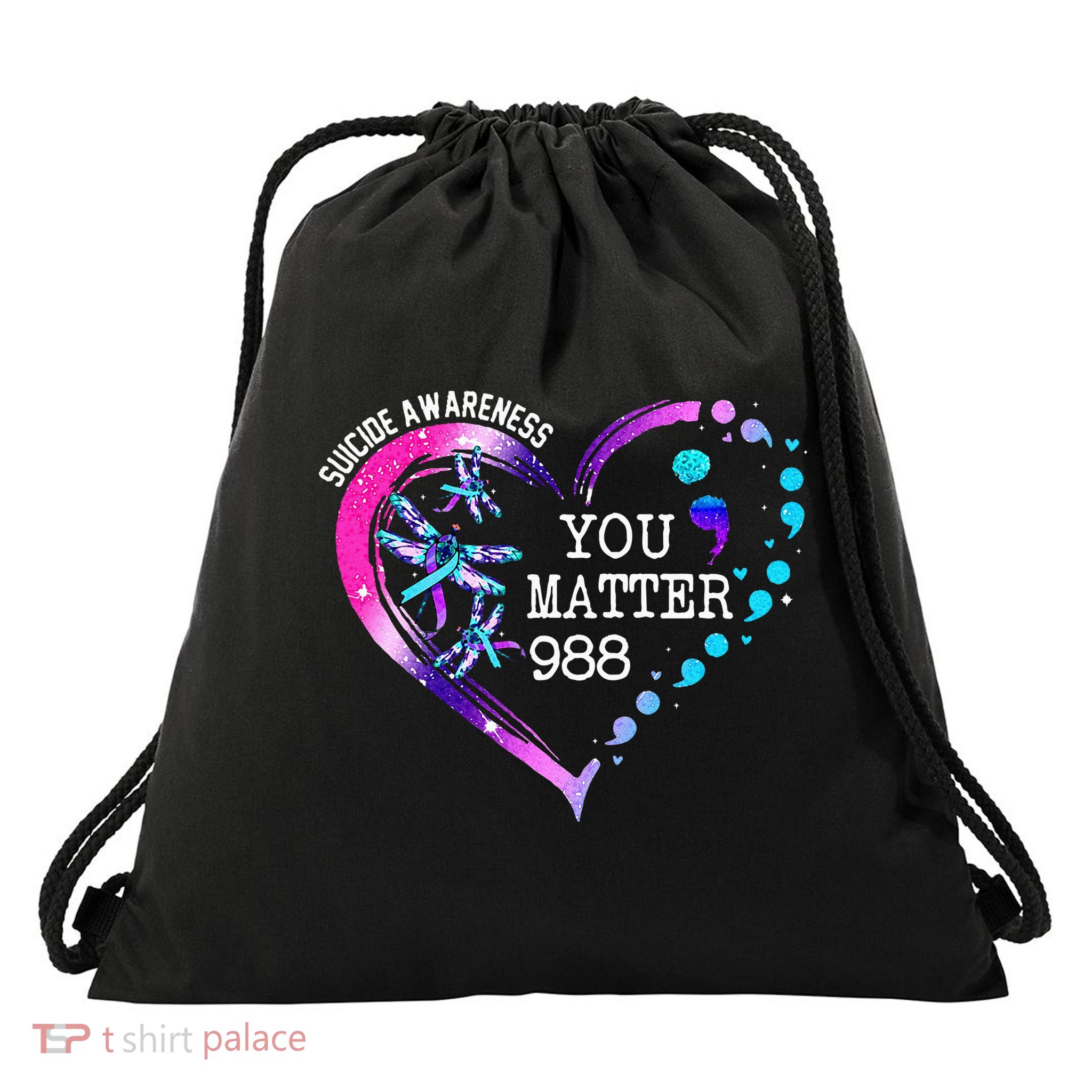 Heart You Matter 988 Suicide Prevention Awareness Dragonfly Drawstring Bag
