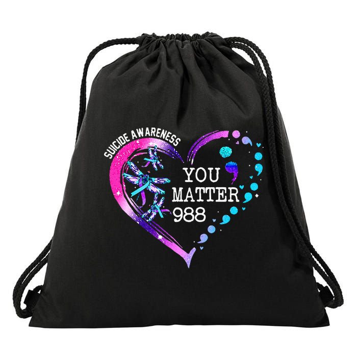 Heart You Matter 988 Suicide Prevention Awareness Dragonfly Drawstring Bag