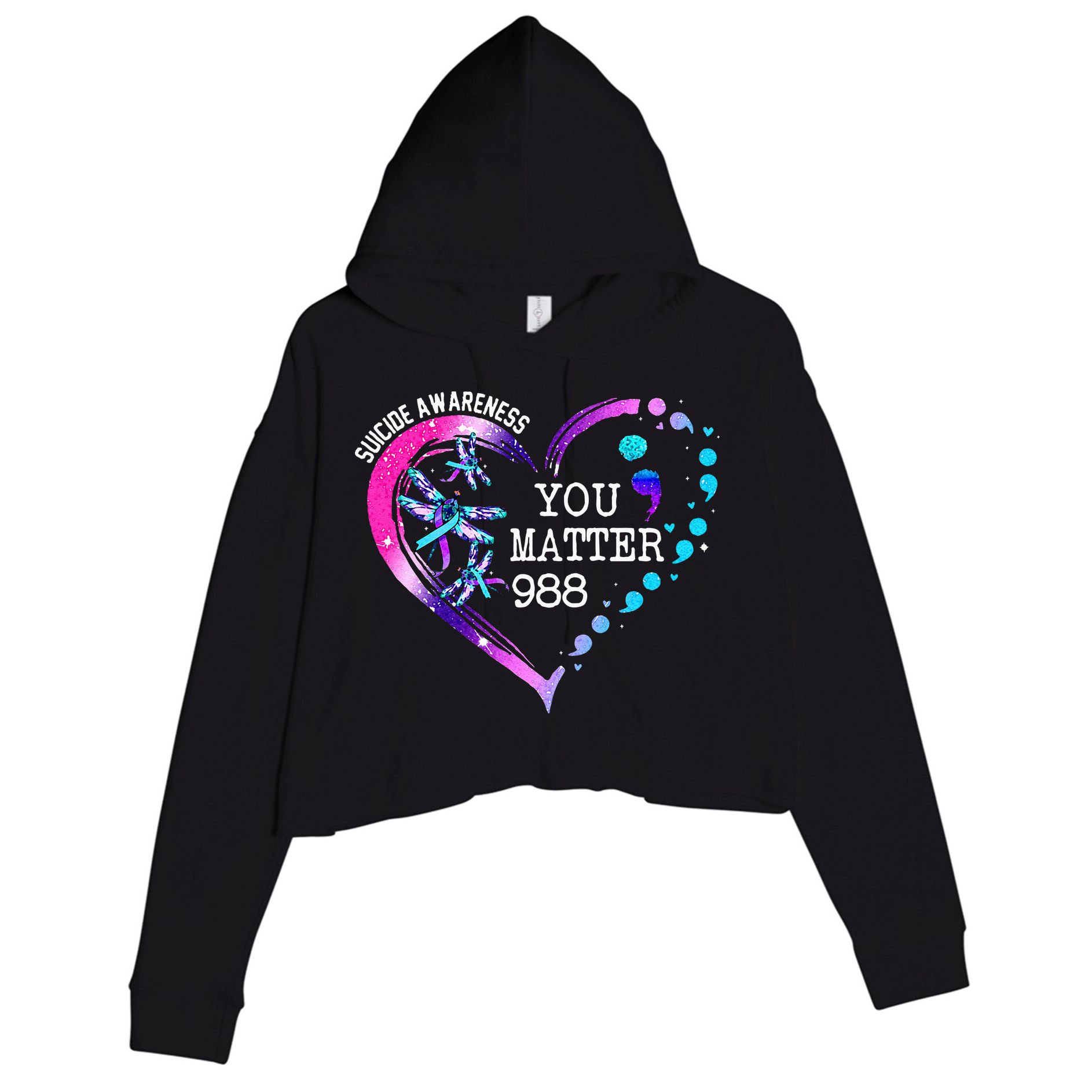Heart You Matter 988 Suicide Prevention Awareness Dragonfly Crop Fleece Hoodie