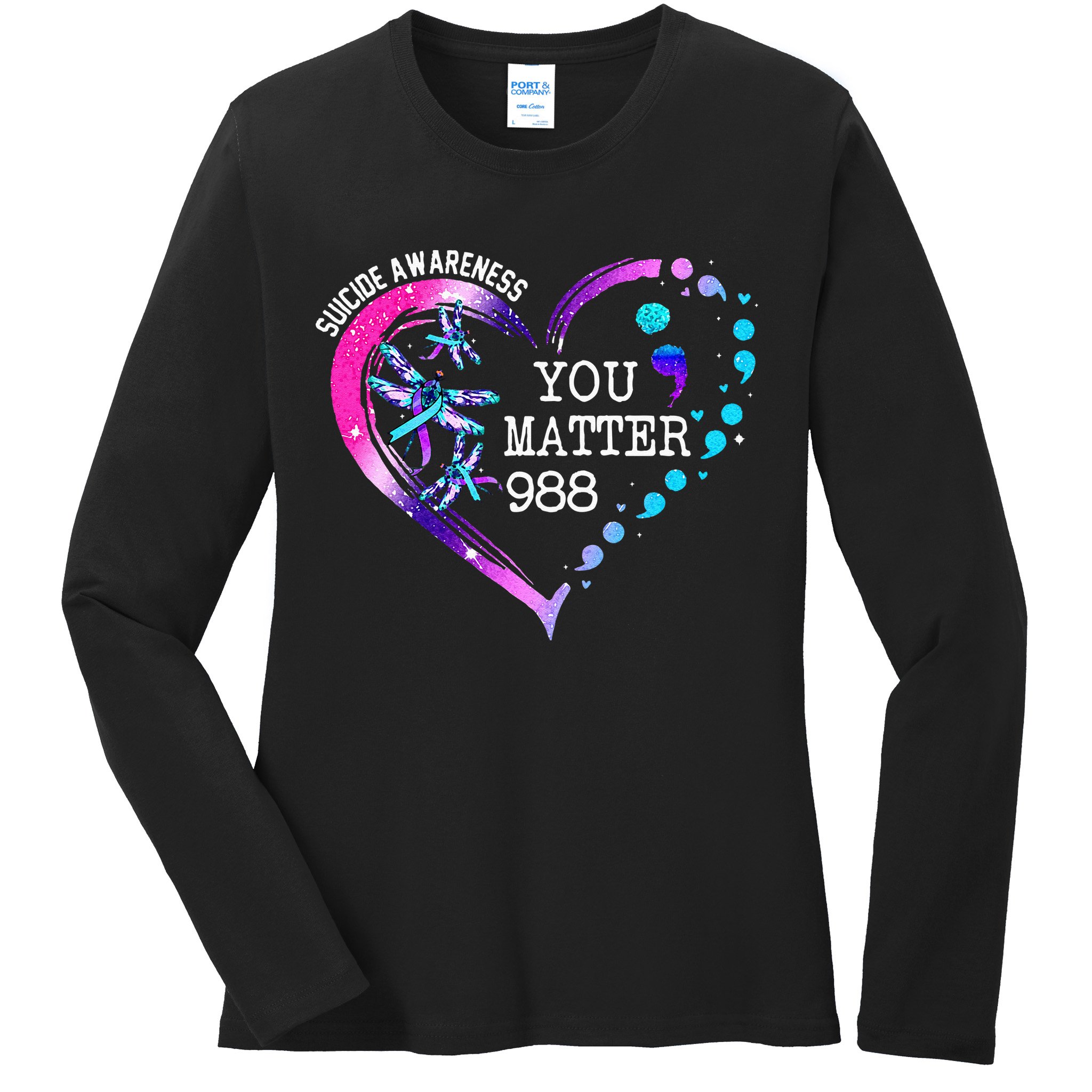 Heart You Matter 988 Suicide Prevention Awareness Dragonfly Ladies Long Sleeve Shirt