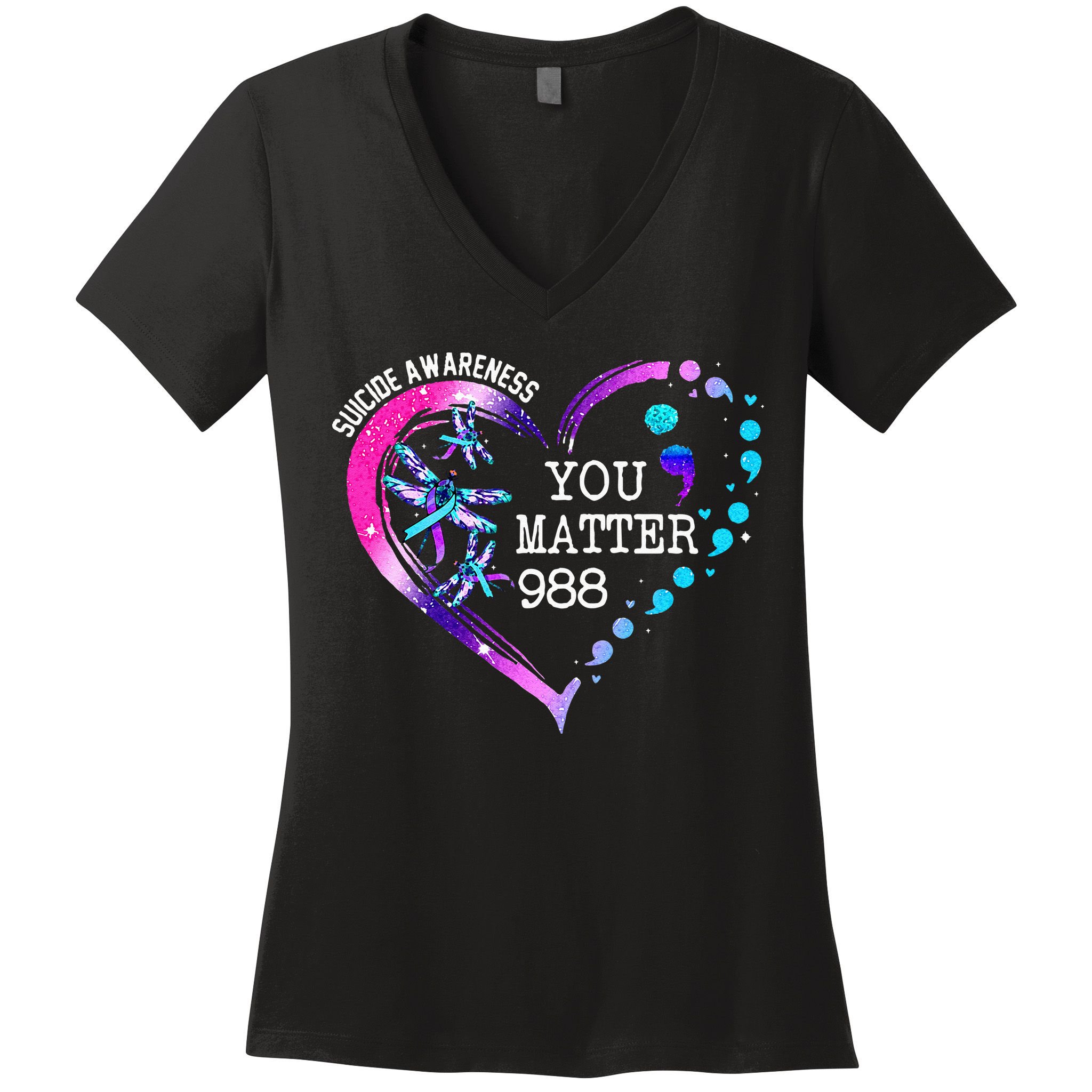 Heart You Matter 988 Suicide Prevention Awareness Dragonfly Women's V-Neck T-Shirt