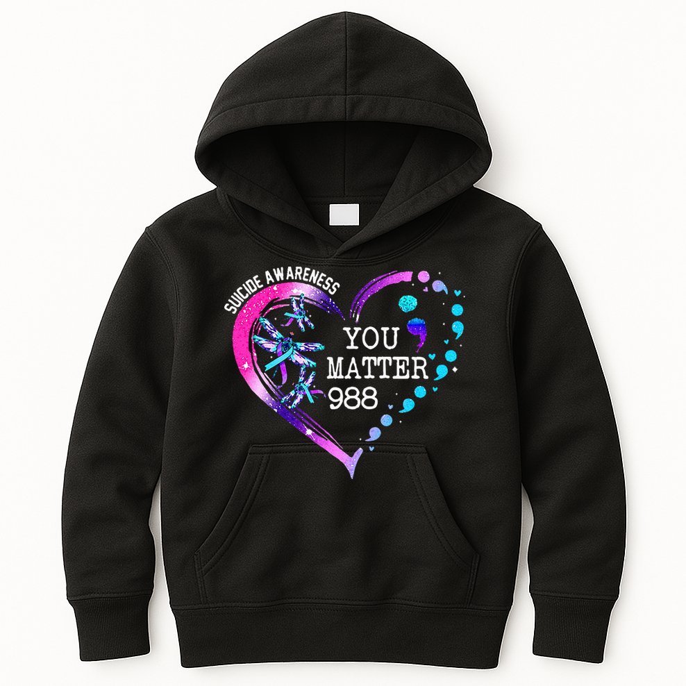 Heart You Matter 988 Suicide Prevention Awareness Dragonfly Kids Hoodie