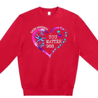 Heart You Matter 988 Suicide Prevention Awareness Dragonfly Premium Crewneck Sweatshirt