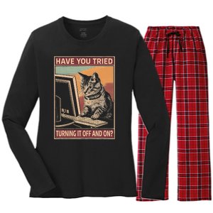 Have You Tried Turning It Off And On Tech Support Humor Cat Women's Long Sleeve Flannel Pajama Set 