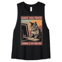 Have You Tried Turning It Off And On Tech Support Humor Cat Women's Racerback Cropped Tank