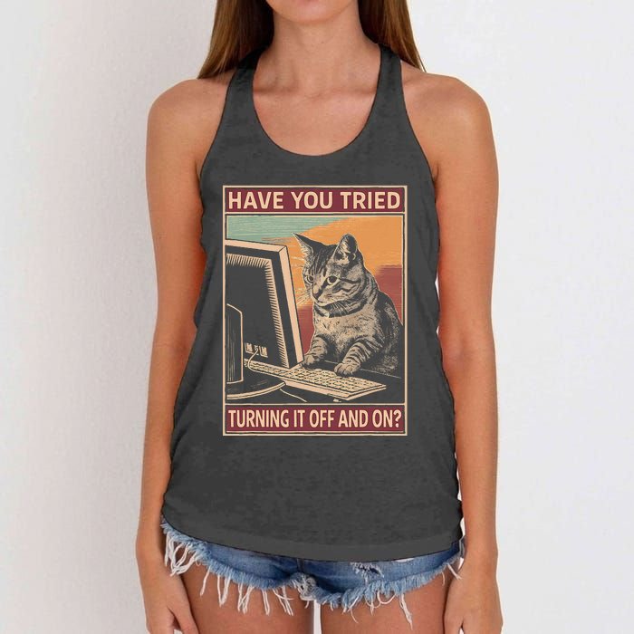 Have You Tried Turning It Off And On Tech Support Humor Cat Women's Knotted Racerback Tank