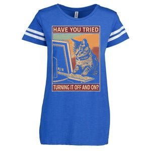 Have You Tried Turning It Off And On Tech Support Humor Cat Enza Ladies Jersey Football T-Shirt