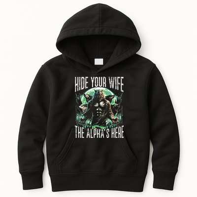 Hide Your Wife The Alpha Is Here Wolf Male Werwolf Meme Kids Hoodie