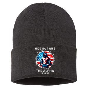 Hide Your Wife The AlphaS Here Usa Meme Werewolf Meme Sustainable Knit Beanie