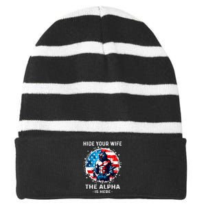 Hide Your Wife The AlphaS Here Usa Meme Werewolf Meme Striped Beanie with Solid Band