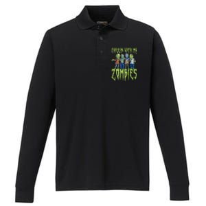 Halloween Zombies Funny Halloween Chillin With My Zombies Performance Long Sleeve Polo