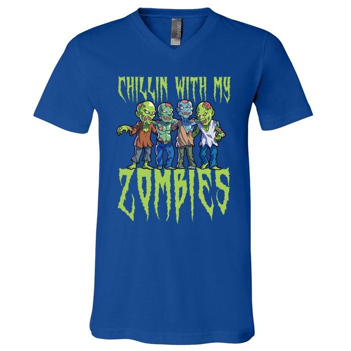 Halloween Zombies Funny Halloween Chillin With My Zombies V-Neck T-Shirt