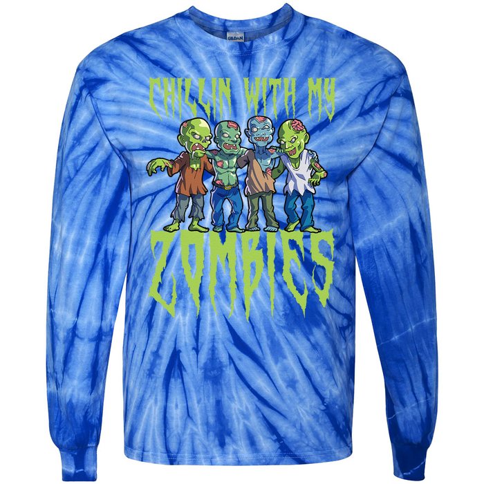 Halloween Zombies Funny Halloween Chillin With My Zombies Tie-Dye Long Sleeve Shirt