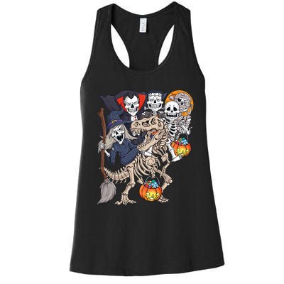 Halloween Zombie Mummy Skeletons Riding T Rex Funny Pumpkin Women's Racerback Tank