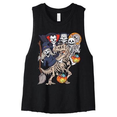 Halloween Zombie Mummy Skeletons Riding T Rex Funny Pumpkin Women's Racerback Cropped Tank