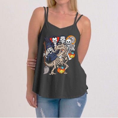 Halloween Zombie Mummy Skeletons Riding T Rex Funny Pumpkin Women's Strappy Tank