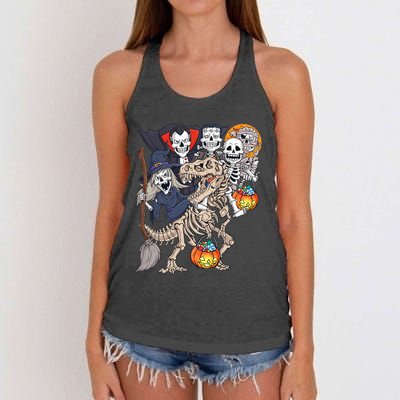 Halloween Zombie Mummy Skeletons Riding T Rex Funny Pumpkin Women's Knotted Racerback Tank