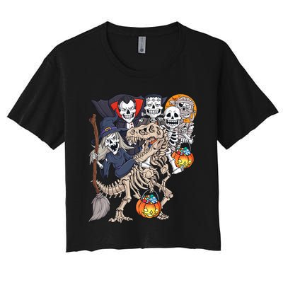 Halloween Zombie Mummy Skeletons Riding T Rex Funny Pumpkin Women's Crop Top Tee