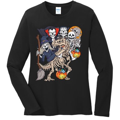 Halloween Zombie Mummy Skeletons Riding T Rex Funny Pumpkin Ladies Long Sleeve Shirt