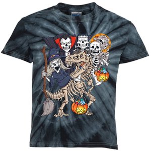 Halloween Zombie Mummy Skeletons Riding T Rex Funny Pumpkin Kids Tie-Dye T-Shirt