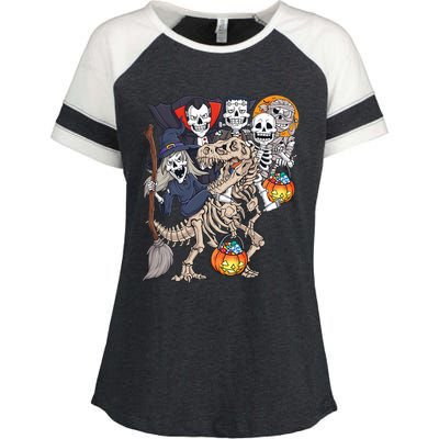 Halloween Zombie Mummy Skeletons Riding T Rex Funny Pumpkin Enza Ladies Jersey Colorblock Tee