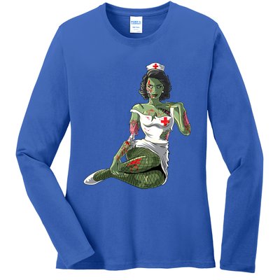 Halloween Zombie Pin Up Nurse Lady Gift Ladies Long Sleeve Shirt