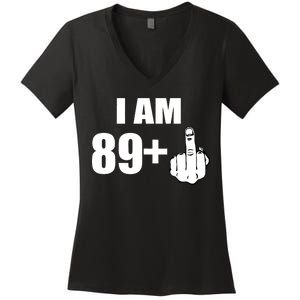 I Am 90 Middle Finger Funny 90th Birthday Gift Women's V-Neck T-Shirt