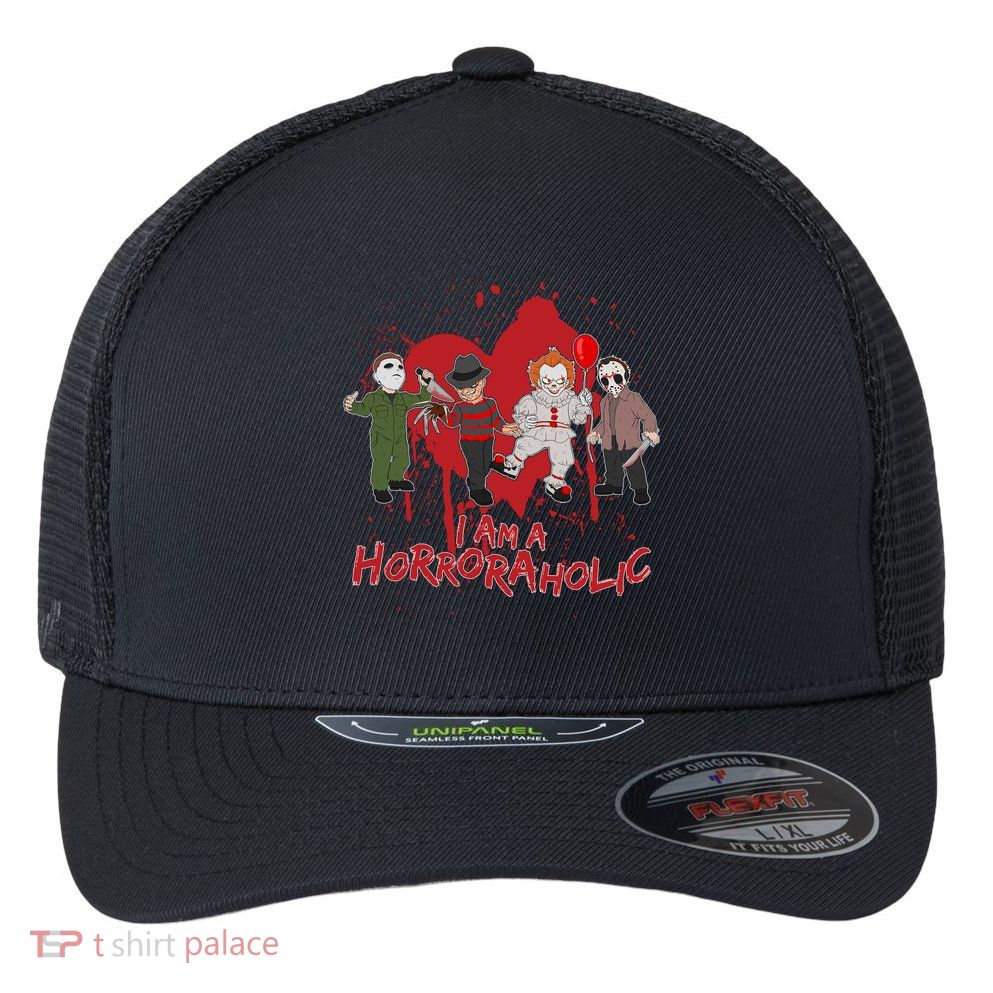 I Am A Horroraholic Funny Halloween Flexfit Unipanel Trucker Cap
