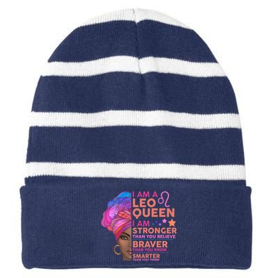 I Am A Leo Queen I Am Stronger Than You Believe Zodiac Striped Beanie with Solid Band