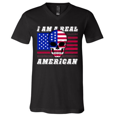 I Am A Real American Skull Flag V-Neck T-Shirt