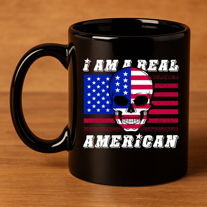 I Am A Real American Skull Flag 11oz C Handle Ceramic Mug