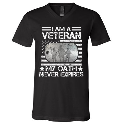 I Am A Veteran My Oath Never Expires Dog Tag V-Neck T-Shirt