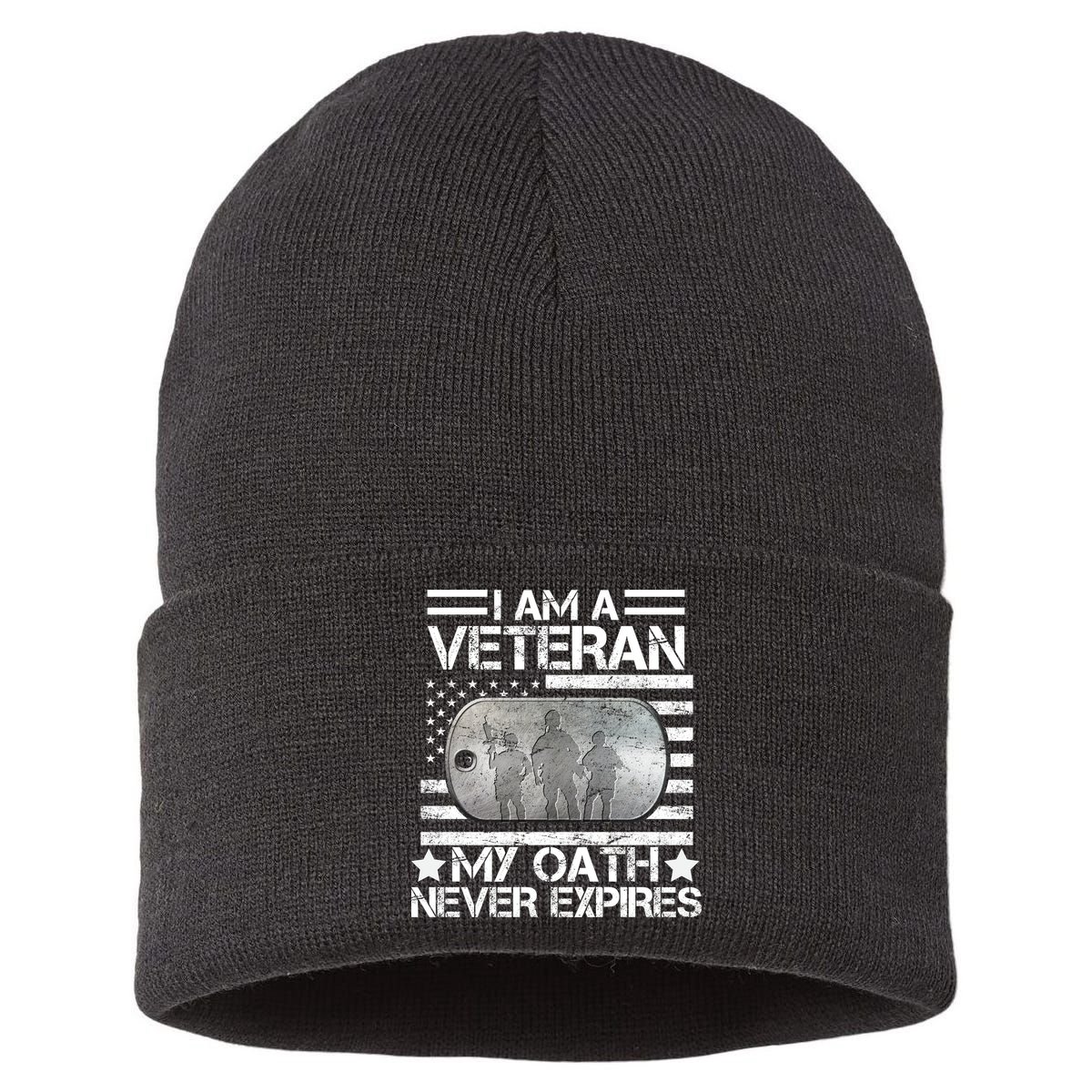 I Am A Veteran My Oath Never Expires Dog Tag Sustainable Knit Beanie