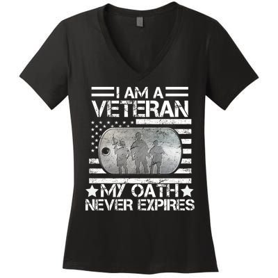 I Am A Veteran My Oath Never Expires Dog Tag Women's V-Neck T-Shirt