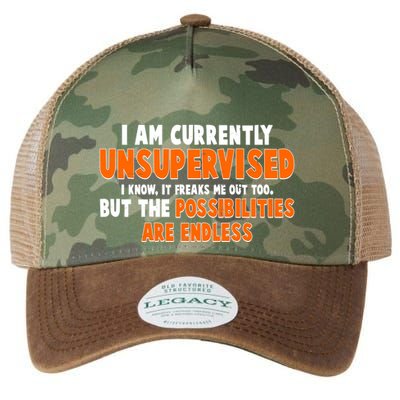 I Am Currently Unsupervised The Possibilities Are Endless Legacy Tie Dye Trucker Hat