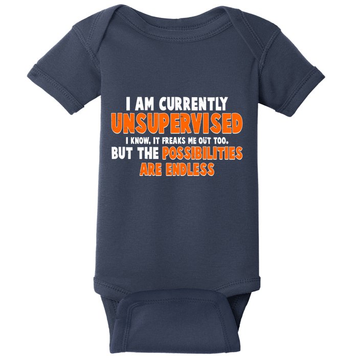 I Am Currently Unsupervised The Possibilities Are Endless Baby Bodysuit