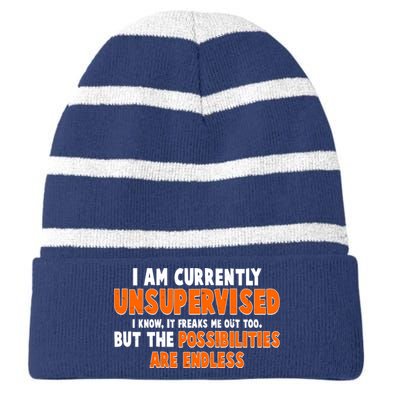 I Am Currently Unsupervised The Possibilities Are Endless Striped Beanie with Solid Band