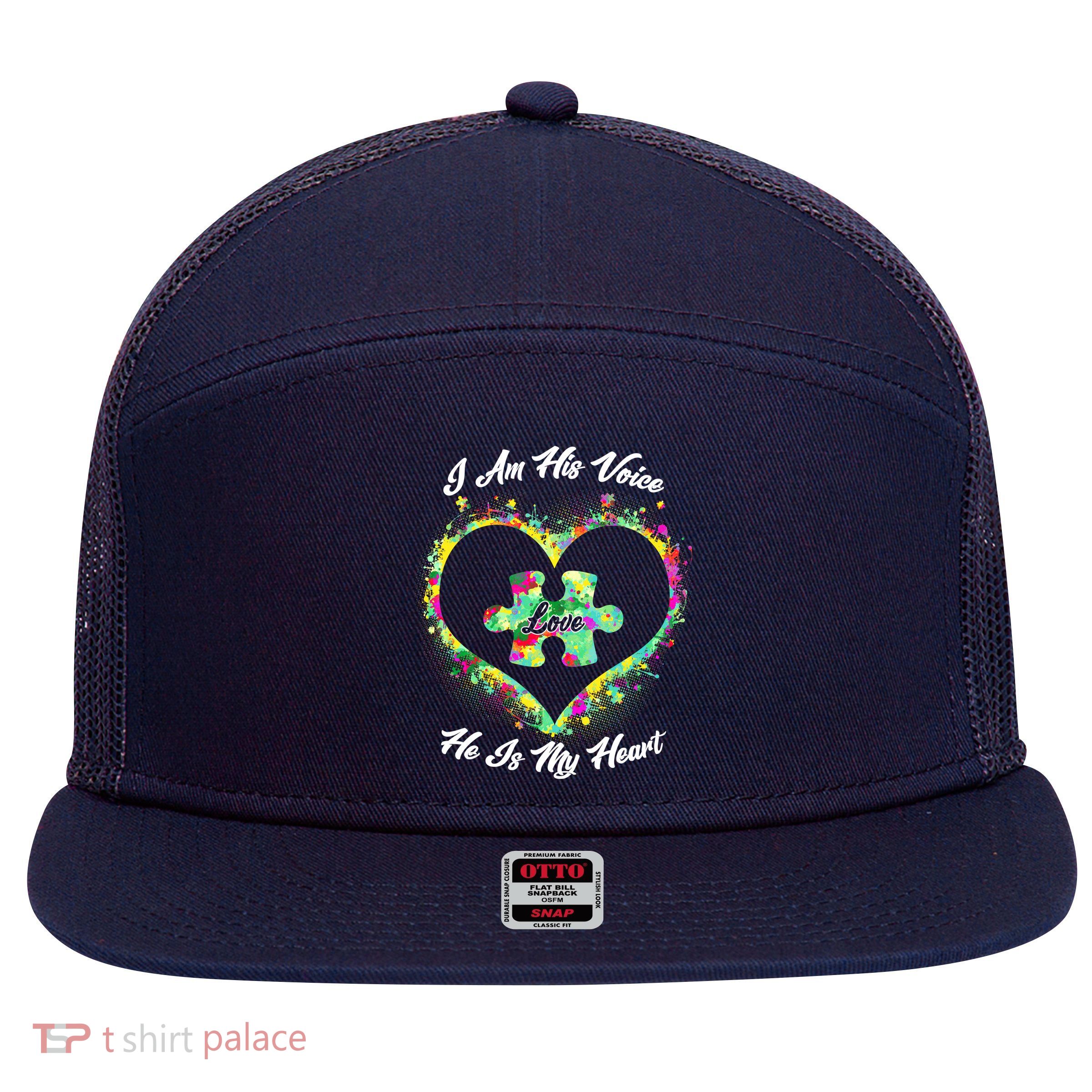 I Am His Voice He Is My Heart- Autism Awareness 7 Panel Mesh Trucker Snapback Hat